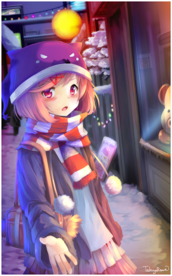 1girl artist_name bag blush commentary doki_doki_literature_club drawstring english_commentary eyebrows_visible_through_hair fang hair_ornament hairclip hat natsuki_(doki_doki_literature_club) open_mouth outdoors outstretched_arm pink_eyes pink_hair pom_pom_(clothes) scarf short_hair snow solo striped striped_scarf takuyarawr winter_clothes