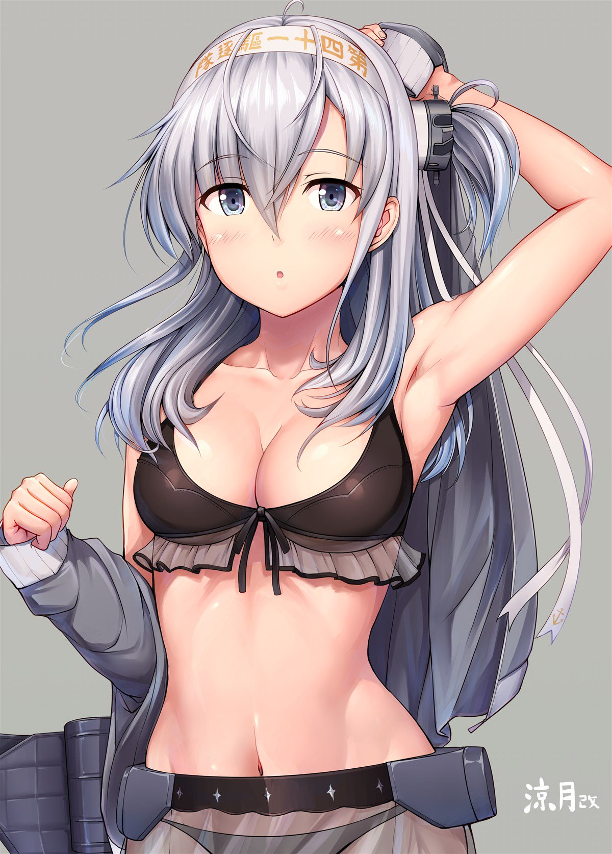 1girl :o armpits bangs bare_shoulders bikini black_bikini blush breasts character_name cleavage clothes_writing collarbone eyebrows_visible_through_hair front-tie_bikini front-tie_top full_body grey_background grey_jacket groin hachimaki hair_between_eyes hair_ornament hand_behind_head headband highres holding holding_jacket ichikawa_feesu jacket kantai_collection large_breasts long_hair looking_at_viewer machinery medium_breasts navel one_side_up open_mouth outstretched_arms rigging see-through shiny shiny_skin sidelocks silver_hair simple_background smile star stomach suzutsuki_(kantai_collection) swimsuit upper_body white_headband