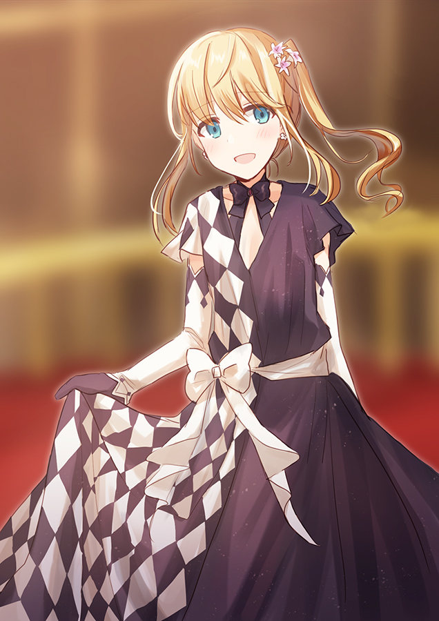 1girl :d asymmetrical_clothes bangs blonde_hair blurry blurry_background blush bow character_request chihuri collarbone depth_of_field dress earrings elbow_gloves eyebrows_visible_through_hair fate/grand_order fate_(series) flower gloves green_eyes hair_between_eyes hair_flower hair_ornament head_tilt jewelry leaning_to_the_side long_hair looking_at_viewer open_mouth pink_flower purple_dress side_ponytail sidelocks skirt_hold smile solo white_bow white_gloves