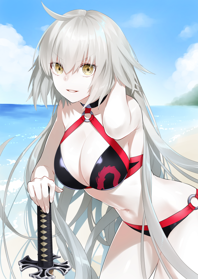 1girl ahoge bare_shoulders beach bikini black_bikini breasts choker cleavage clouds cloudy_sky commentary_request cowboy_shot eyebrows_visible_through_hair fate/grand_order fate_(series) hair_between_eyes hill jeanne_d'arc_(alter_swimsuit_berserker) jeanne_d'arc_(fate)_(all) katana large_breasts long_hair looking_at_viewer navel o-ring ocean outdoors sky solo swimsuit sword waka_(shark_waka) weapon yellow_eyes