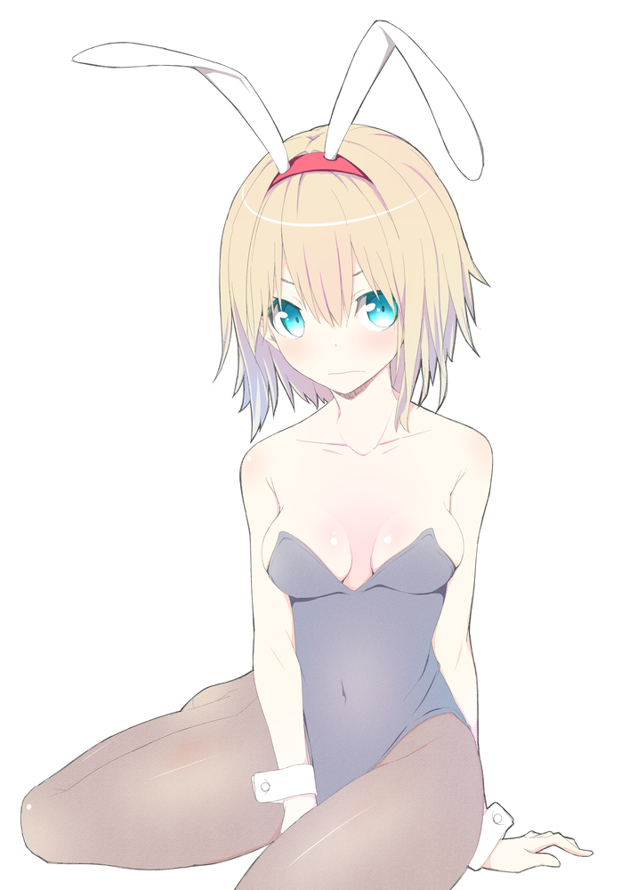 1girl alice_margatroid animal_ears arm_support bangs bare_arms bare_shoulders blonde_hair blue_eyes blue_hair blush breasts brown_legwear bunny_day bunny_girl collarbone commentary_request covered_navel fake_animal_ears gradient_hair hair_between_eyes hairband looking_at_viewer medium_breasts multicolored_hair nirap no_shoes pantyhose rabbit_ears red_hairband shiny shiny_legwear shiny_skin short_hair simple_background sitting solo thighs touhou wariza white_background wrist_cuffs