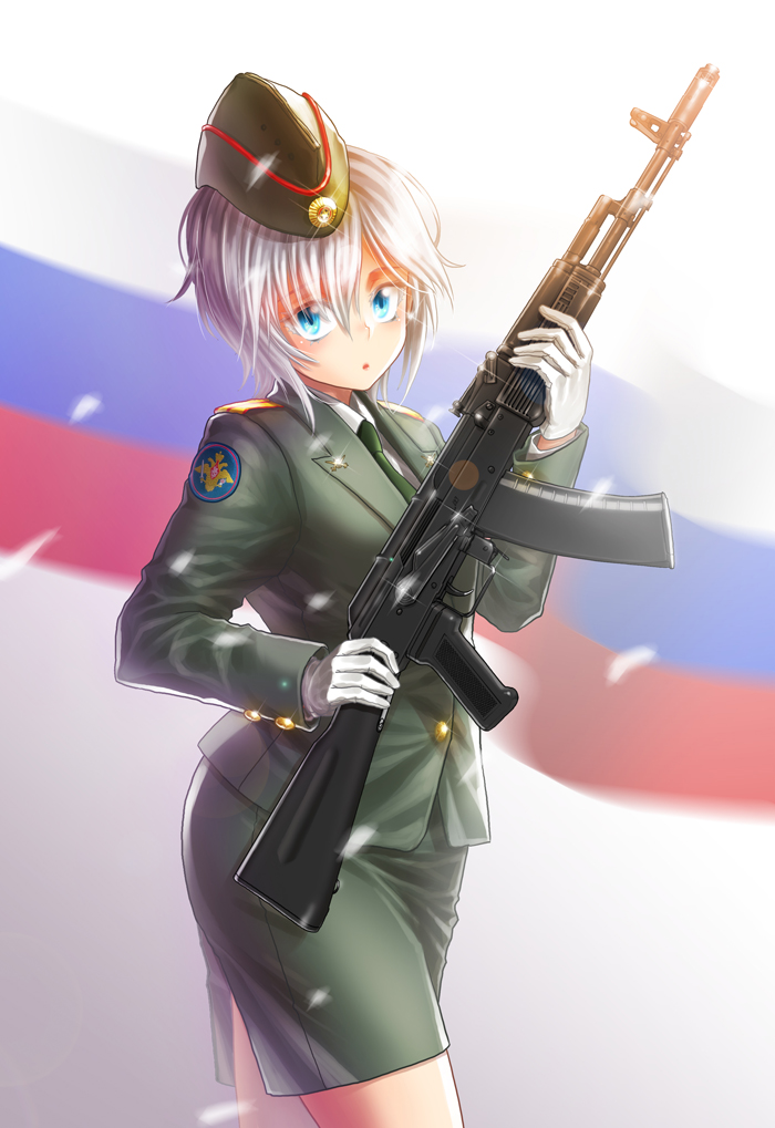 1girl :o ak-74m anastasia_(idolmaster) assault_rifle bangs black_neckwear blue_eyes blurry blurry_background commentary cowboy_shot dress_shirt emblem from_side garrison_cap gloves green_hat green_jacket green_skirt gun hat holding holding_gun holding_weapon idolmaster idolmaster_cinderella_girls jacket kws lens_flare long_sleeves looking_at_viewer military military_hat military_uniform miniskirt necktie parted_lips patch pencil_skirt rifle russian_flag shirt short_hair side_slit silver_hair skirt solo sparkle standing uniform weapon white_gloves white_shirt