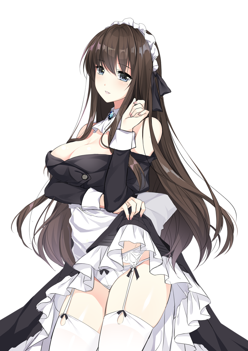1girl bangs bare_shoulders black_dress blue_eyes blush bow bow_panties brown_hair commentary_request detached_sleeves dress dress_lift eyebrows_visible_through_hair fingernails garter_belt hair_between_eyes hand_up head_tilt highres lifted_by_self long_hair long_sleeves looking_at_viewer maid maid_headdress mole mole_under_eye off-shoulder_dress off_shoulder original panties parted_lips simple_background solo thigh-highs underwear verjuice very_long_hair white_background white_legwear white_panties