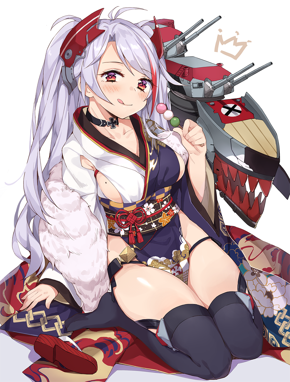 1girl :q antenna_hair arm_support azur_lane bangs black_choker black_legwear black_panties blush breasts brown_eyes cannon checkered chobi_(penguin_paradise) choker cleavage closed_mouth collarbone commentary_request cross_choker crown dango eyebrows_visible_through_hair floral_print food fur grey_hair hair_between_eyes head_tilt headgear highres holding holding_food iron_cross japanese_clothes kimono large_breasts long_hair long_sleeves looking_at_viewer lowleg lying machinery mole mole_on_breast multicolored_hair new_year obi obijime orange_eyes panties parted_bangs pelvic_curtain print_kimono prinz_eugen_(azur_lane) red_eyes red_footwear redhead rigging sandals sandals_removed sash shawl shiny shiny_hair shoes_removed side-tie_panties sideboob silver_hair simple_background sitting smile solo streaked_hair swept_bangs thigh-highs thighs tongue tongue_out turret two_side_up underwear wagashi wariza white_background wide_sleeves