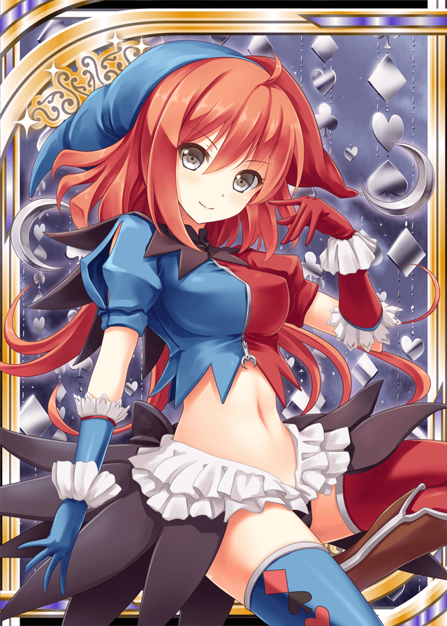 1girl akkijin card_(medium) clown club_(shape) diamond_(symbol) gloves grey_eyes heart midriff moon multicolored multicolored_clothes official_art redhead shinkai_no_valkyrie solo spade_(shape) thigh-highs