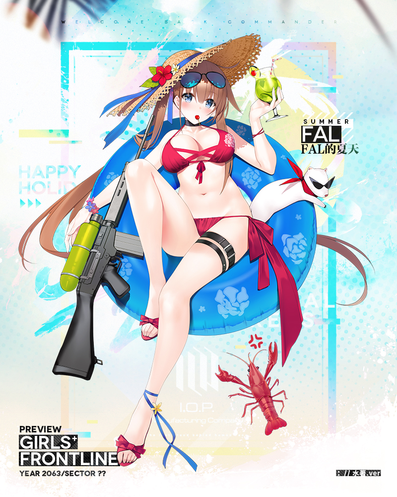 1girl ahoge alternate_costume anger_vein animal ankle_ribbon bangs battle_rifle bikini blue_eyes blue_ribbon blush breasts brown_hair cherry choker cleavage collarbone copyright_name cup eyebrows_visible_through_hair eyewear_on_head fal_(girls_frontline) ferret flower fn_fal food fruit girls_frontline groin gun hair_between_eyes hair_ribbon hat hat_flower hat_ribbon head_tilt holding holding_cup innertube knee_up large_breasts lobster logo long_hair looking_at_viewer mouth_hold navel official_art red_bikini ribbon rifle sandals scrunchie side-tie_bikini side_ponytail sidelocks sitting solo stomach straw_hat suisai sunglasses swimsuit thigh_strap tropical_drink very_long_hair water_gun weapon wrist_scrunchie wristband