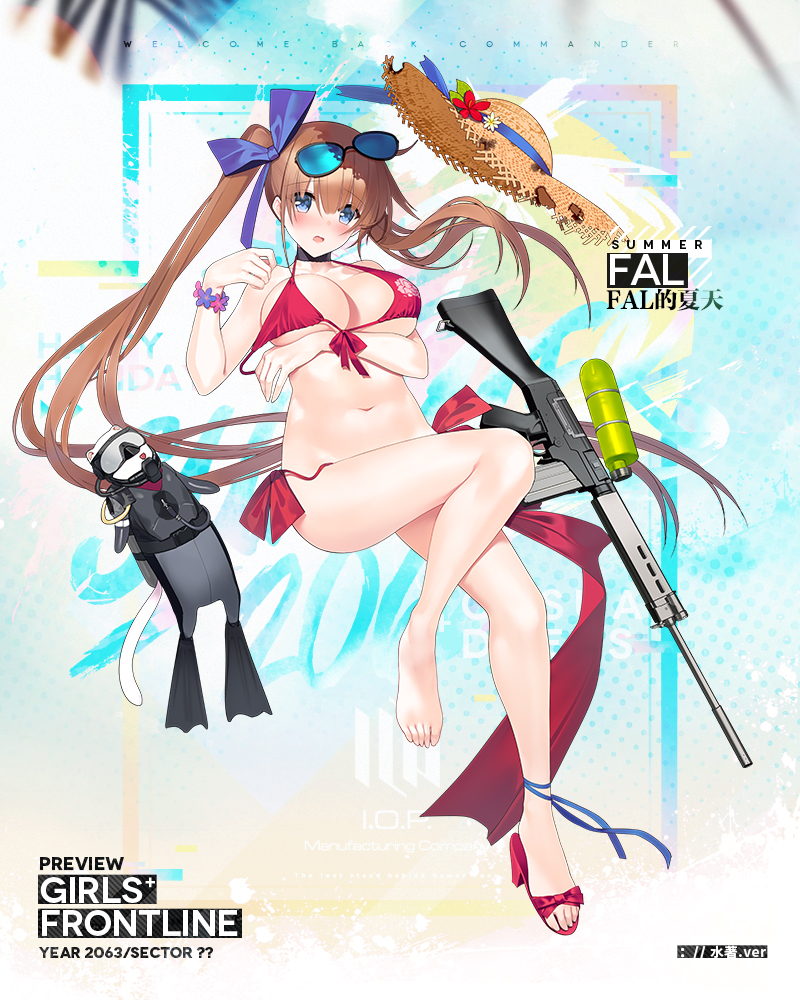 1girl ahoge alternate_costume animal ankle_ribbon arm_under_breasts ass bangs battle_rifle bikini blue_eyes blue_ribbon blush breasts brown_hair choker cleavage collarbone copyright_name cup damaged diving_suit eyebrows_visible_through_hair eyewear_on_head fal_(girls_frontline) ferret floating floating_hair flower fn_fal girls_frontline groin gun hair_between_eyes hair_ribbon hat hat_flower hat_removed hat_ribbon head_tilt headwear_removed knee_up large_breasts logo long_hair looking_at_viewer navel official_art open_mouth red_bikini ribbon rifle sandals scrunchie side-tie_bikini side_ponytail sidelocks single_sandal solo stomach straw_hat suisai sunglasses swimsuit thigh_strap thighs torn_clothes torn_hat untied untied_bikini very_long_hair water_gun weapon wrist_scrunchie wristband