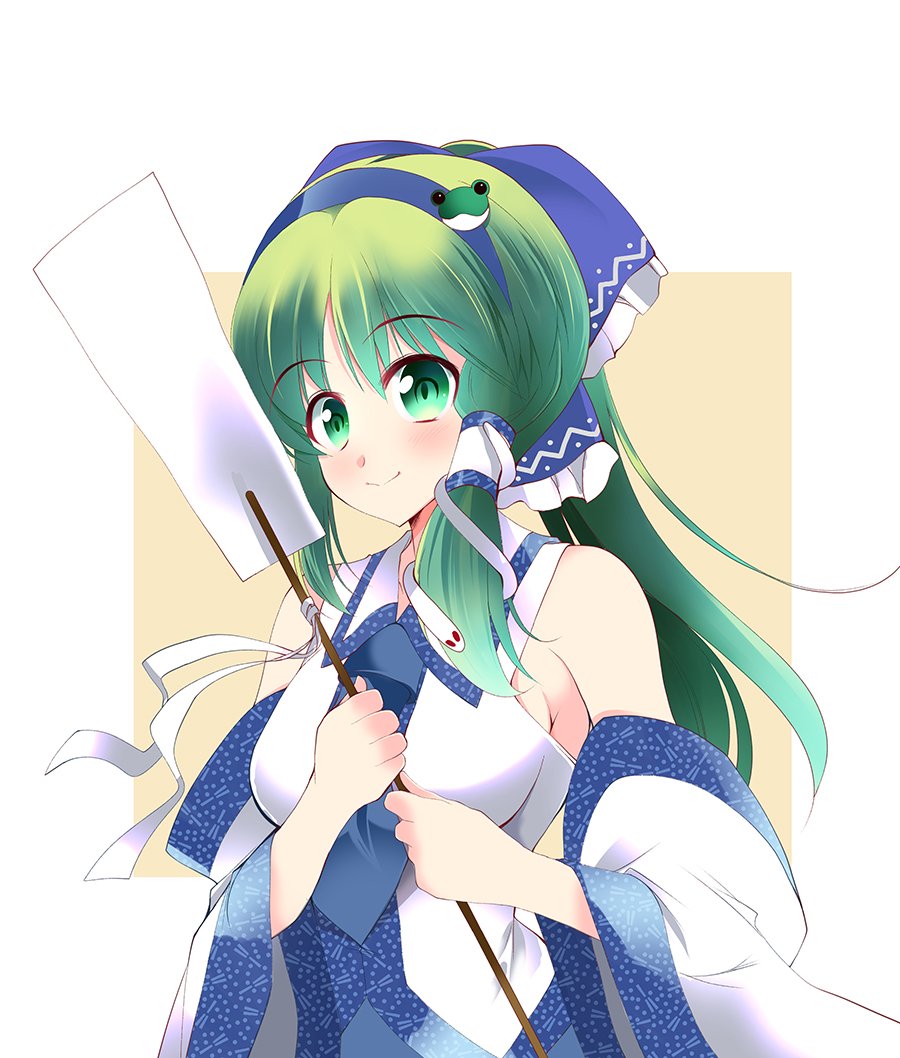 1girl bare_shoulders blue_bow blue_necktie blush bow breast detached_sleeves frog gohei green_eyes green_hair hairband head_band kochiya_sanae long_hair looking_at miko necktie nontradtional_miko ponytail smile snake touhou viewer white_background yutakasiumai