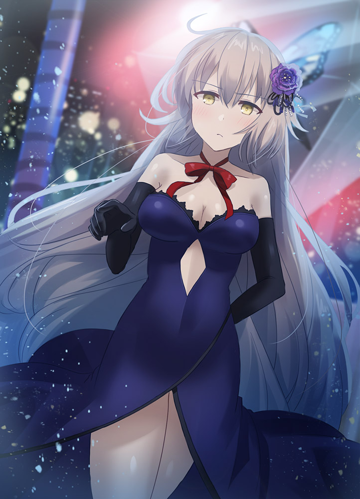 1girl bangs black_gloves blurry blurry_background blush bow breasts building butterfly_hair_ornament chihuri cleavage closed_mouth collarbone depth_of_field dress elbow_gloves eyebrows_visible_through_hair fate/grand_order fate_(series) flower gloves hair_between_eyes hair_flower hair_ornament jeanne_d'arc_(alter)_(fate) jeanne_d'arc_(fate)_(all) light_brown_hair long_hair looking_at_viewer medium_breasts night night_sky outdoors purple_dress purple_flower purple_rose red_bow rose sky skyscraper solo strapless strapless_dress very_long_hair yellow_eyes
