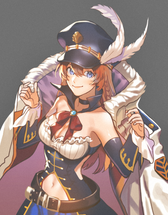 1girl bangs belt black_choker blue_eyes braid breasts brown_hair choker cleavage closed_mouth detached_collar detached_sleeves dress granblue_fantasy grey_background hair_between_eyes hands_up hat hat_feather kanapy large_breasts lecia_(granblue_fantasy) long_hair long_sleeves looking_at_viewer navel neck_ribbon peaked_cap red_neckwear red_ribbon ribbon simple_background smile solo upper_body