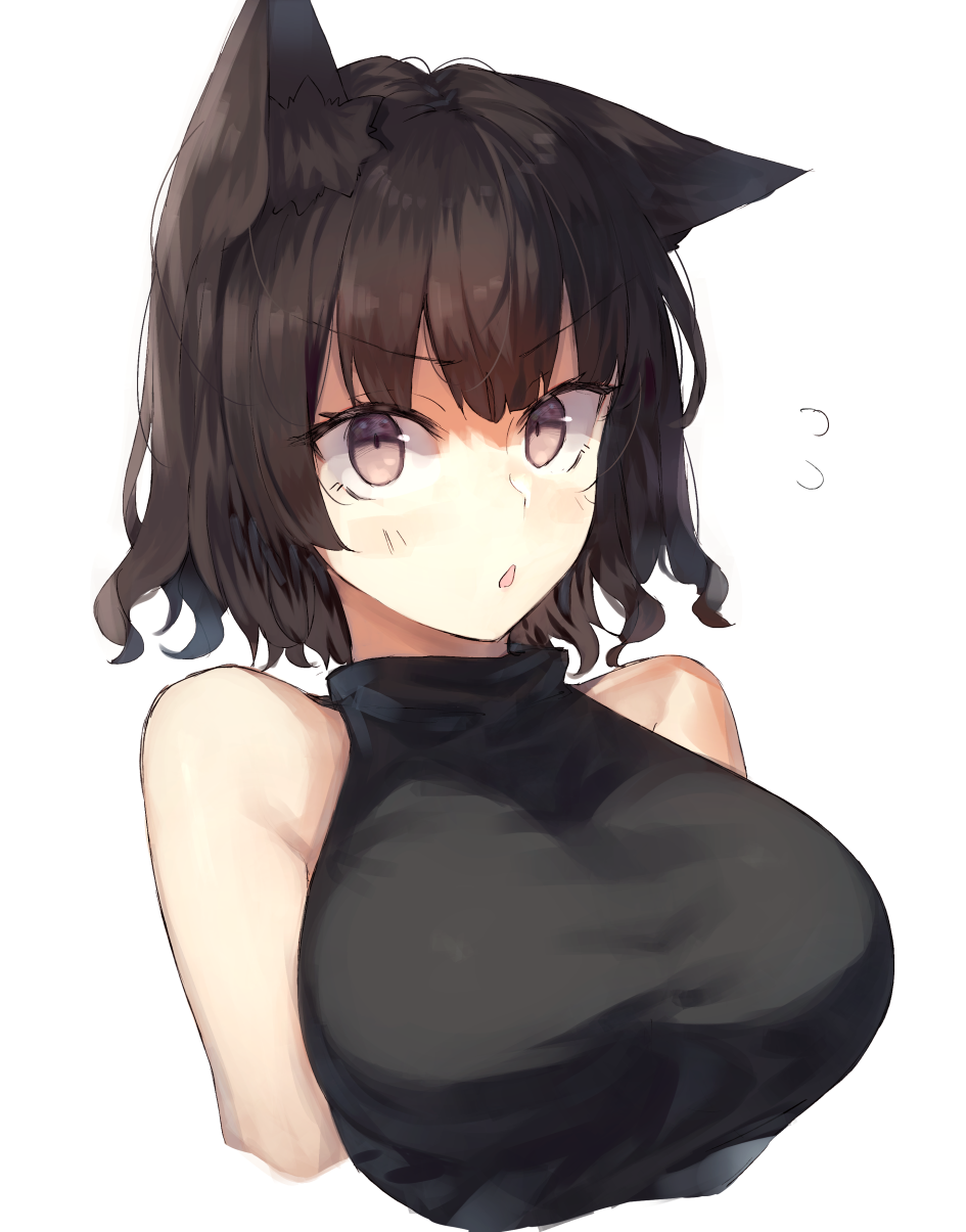 1girl animal_ear_fluff animal_ears bangs bare_shoulders breasts brown_eyes brown_hair commentary_request cropped_torso eyebrows_visible_through_hair flying_sweatdrops highres kasuka_(kusuki) large_breasts looking_at_viewer original parted_lips short_hair simple_background sleeveless solo upper_body v-shaped_eyebrows white_background wolf_ears