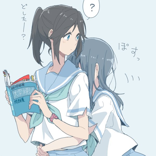 2girls ? aqua_neckwear blue_sailor_collar blue_skirt book commentary_request from_side hibike!_euphonium hidden_face hug hug_from_behind kasaki_nozomi looking_at_another looking_back multiple_girls neckerchief open_book ponytail ree_(re-19) sailor_collar school_uniform serafuku shirt simple_background single_stripe skirt spoken_question_mark watch watch white_shirt yoroizuka_mizore yuri