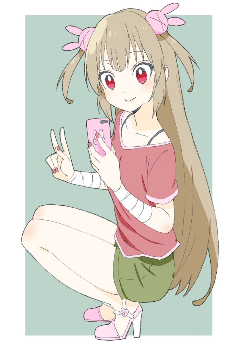 1girl bandage bandaged_arm bandages blonde_hair bra_strap bunny_hair_ornament cellphone closed_mouth donguri_suzume fang_out fingernails from_side green_background green_shorts hair_ornament high_heels highres holding holding_cellphone holding_phone long_hair looking_to_the_side nail_polish natori_sana phone pink_footwear red_eyes red_nails red_skirt sana_channel self_shot short short_shorts shorts simple_background skirt smartphone smile solo squatting two_side_up very_long_hair w