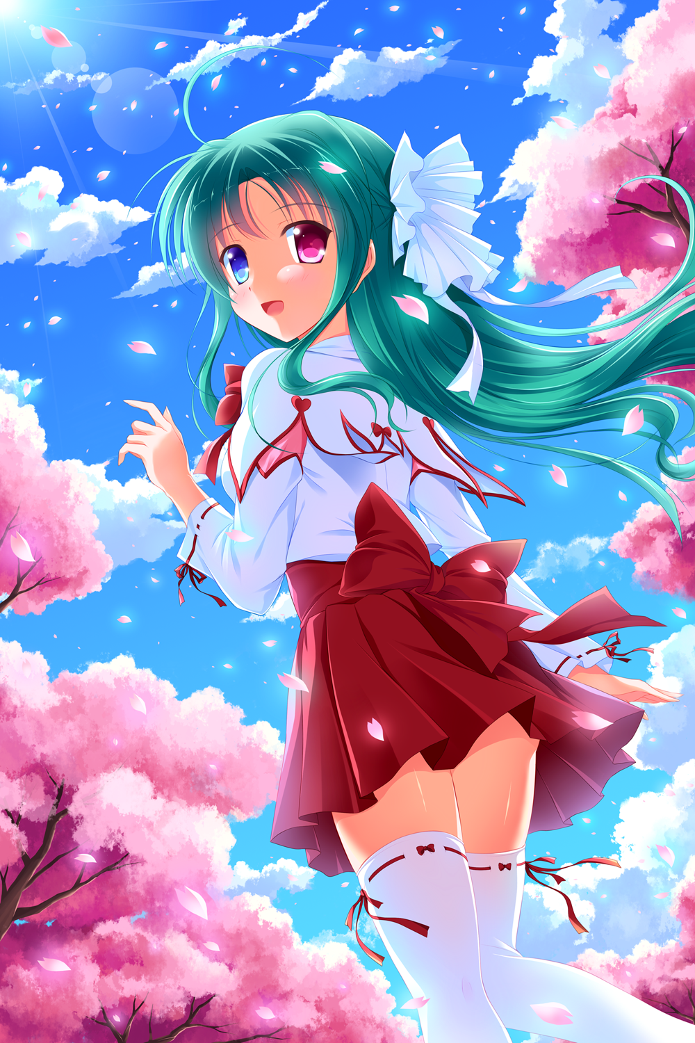 1girl :d bashen_chenyue blue_eyes blue_sky blush bow capelet cherry_blossoms clouds commentary_request day flower green_hair hair_ribbon heterochromia highres long_hair long_sleeves looking_at_viewer looking_back open_mouth original outdoors petals pink_flower pleated_skirt red_bow red_skirt ribbon ribbon-trimmed_legwear ribbon-trimmed_sleeves ribbon_trim shirt skirt sky smile solo thigh-highs tree very_long_hair violet_eyes white_capelet white_legwear white_ribbon white_shirt wide_sleeves