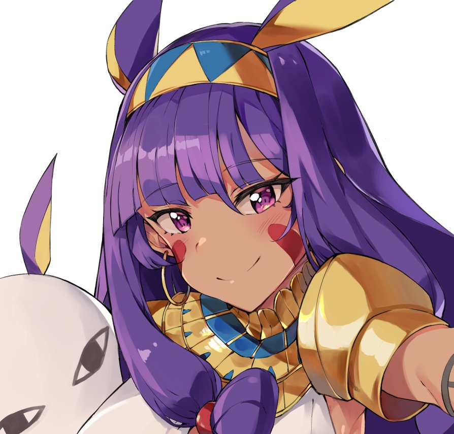 1girl animal_ears bangs blunt_bangs blush closed_mouth commentary dark_skin earrings eyebrows_visible_through_hair facial_mark fate/grand_order fate_(series) hair_between_eyes headband hoop_earrings jackal_ears jewelry long_hair looking_at_viewer medjed nitocris_(fate/grand_order) purple_hair self_shot shoulder_pads simple_background smile solo symbol_commentary tuxedo_de_cat violet_eyes white_background