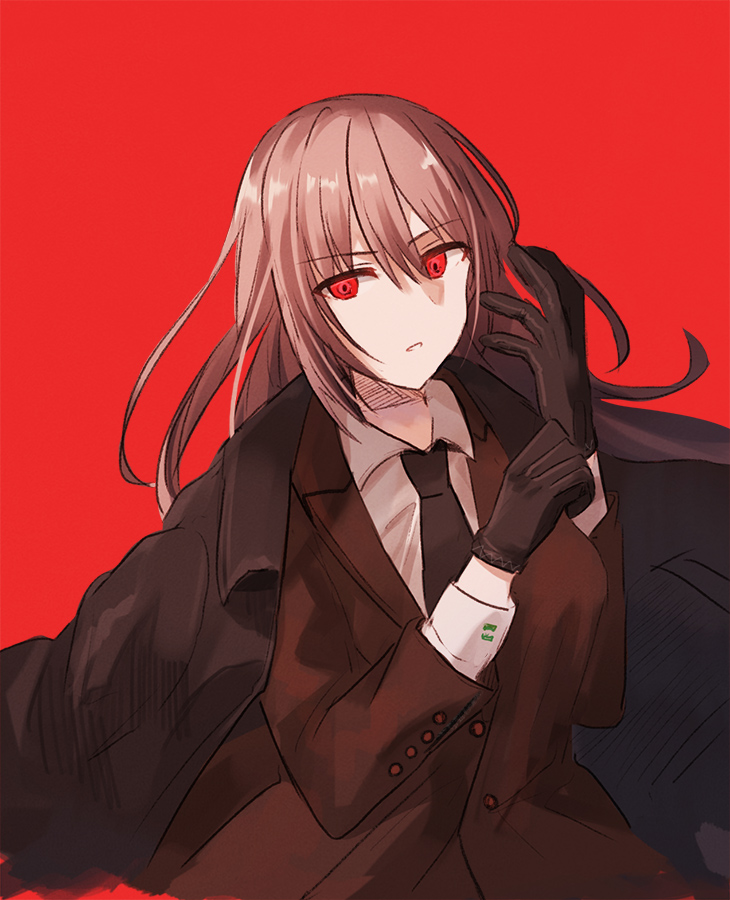 1girl adjusting_clothes adjusting_gloves bangs black_gloves black_neckwear breasts brown_cape brown_jacket cape character_request chihuri collared_shirt eyebrows_visible_through_hair fate/grand_order fate_(series) gloves hair_between_eyes hands_up jacket light_brown_hair long_hair long_sleeves looking_at_viewer medium_breasts necktie parted_lips red_background red_eyes shirt solo white_shirt