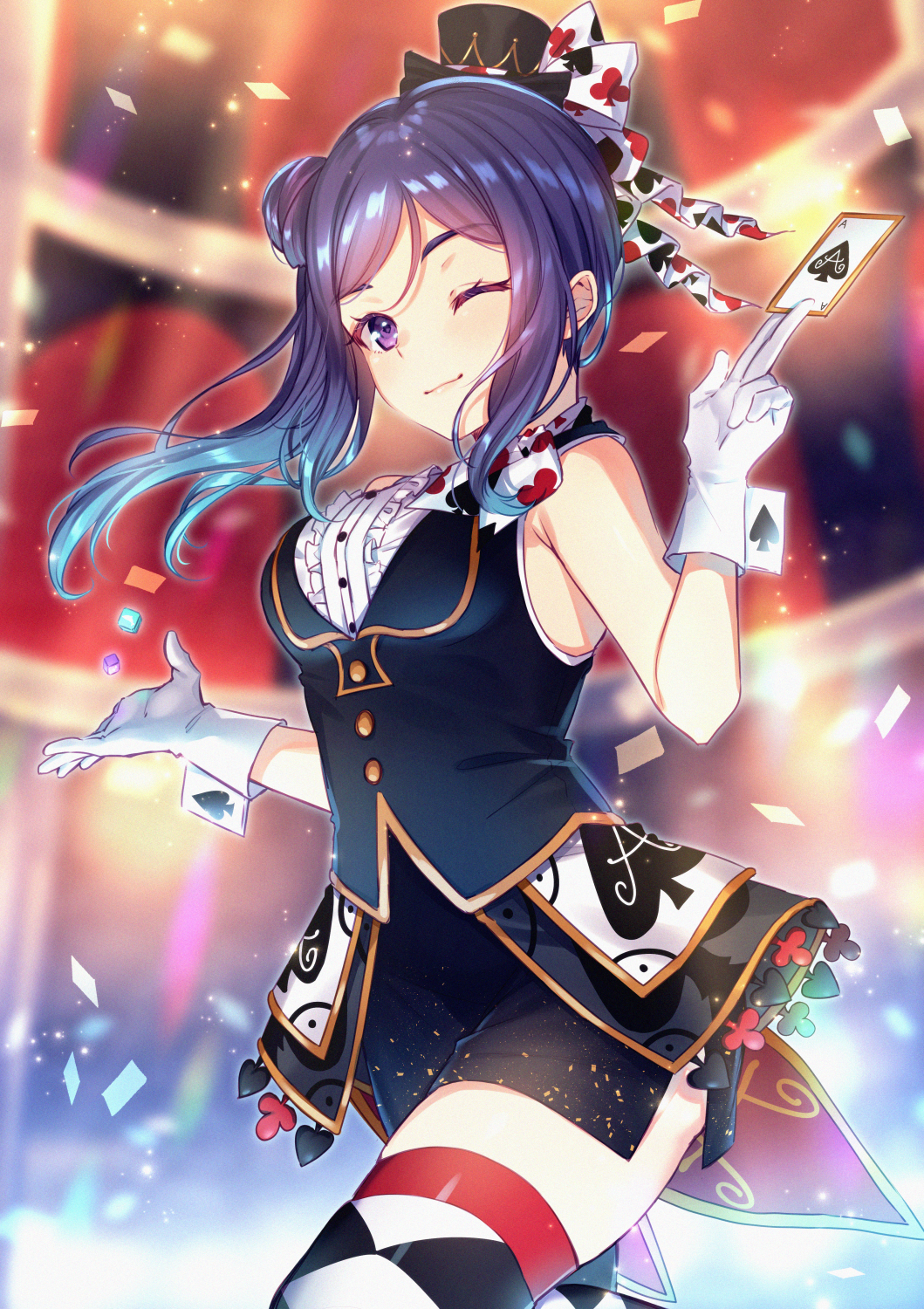 1girl ;) ace_of_spades alternate_hairstyle black_hat black_skirt blue_hair blurry blurry_background bow bowtie card center_frills coattails confetti gloves hands_up hat highres holding_playing_card looking_at_viewer love_live! love_live!_sunshine!! matsuura_kanan moyui_(myi_005) one_eye_closed playing_card playing_card_print print_neckwear side_bun side_ponytail side_slit skirt sleeveless smile solo thigh-highs vest violet_eyes white_gloves