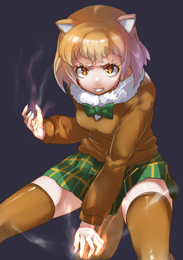 1girl animal_ears bared_teeth black-tailed_prairie_dog_(kemono_friends) blonde_hair bow bowtie extra_ears fur_collar glowing glowing_eyes glowing_hands green_neckwear kemono_friends long_sleeves looking_at_viewer orange_eyes orange_legwear plaid plaid_skirt pleated_skirt prairie_dog_ears prairie_dog_tail short_hair skirt solo tadano_magu tail teeth thigh-highs