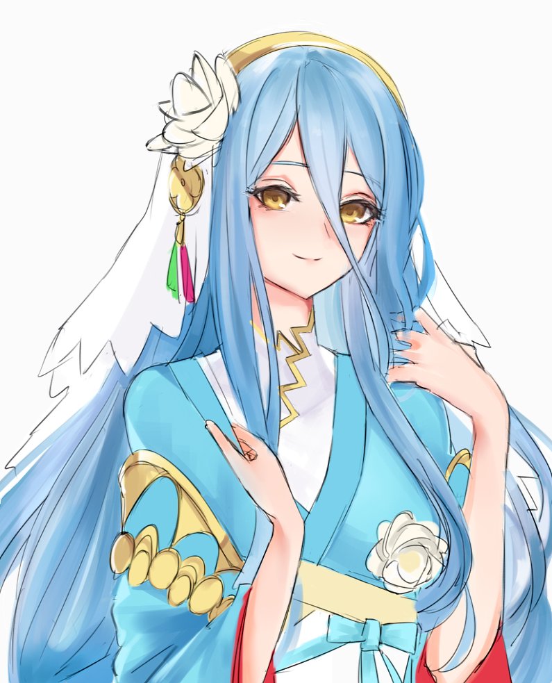 1girl aqua_(fire_emblem_if) blue_hair blue_kimono closed_mouth ei1han fire_emblem fire_emblem_heroes fire_emblem_if hair_between_eyes japanese_clothes kimono long_hair long_sleeves obi sash simple_background smile solo veil white_background wide_sleeves yellow_eyes