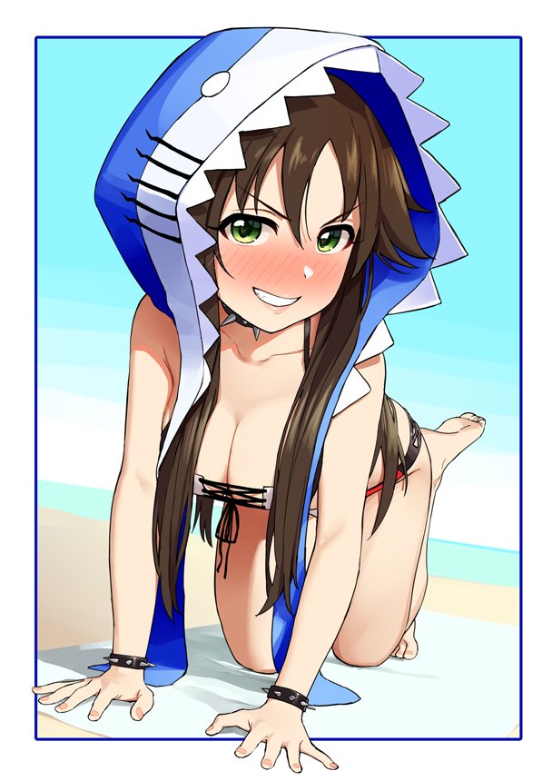 1girl all_fours bangs barefoot beach bikini blush border bracelet breasts brown_hair cleavage collar cross-laced_clothes fingernails foot_up front-tie_bikini front-tie_top full_body green_eyes grin himekawa_yuki hood hood_up idolmaster idolmaster_cinderella_girls jewelry long_hair looking_at_viewer medium_breasts ocean omaru_gyuunyuu shark_hood smile solo spiked_bracelet spiked_collar spikes summer swimsuit toenails towel