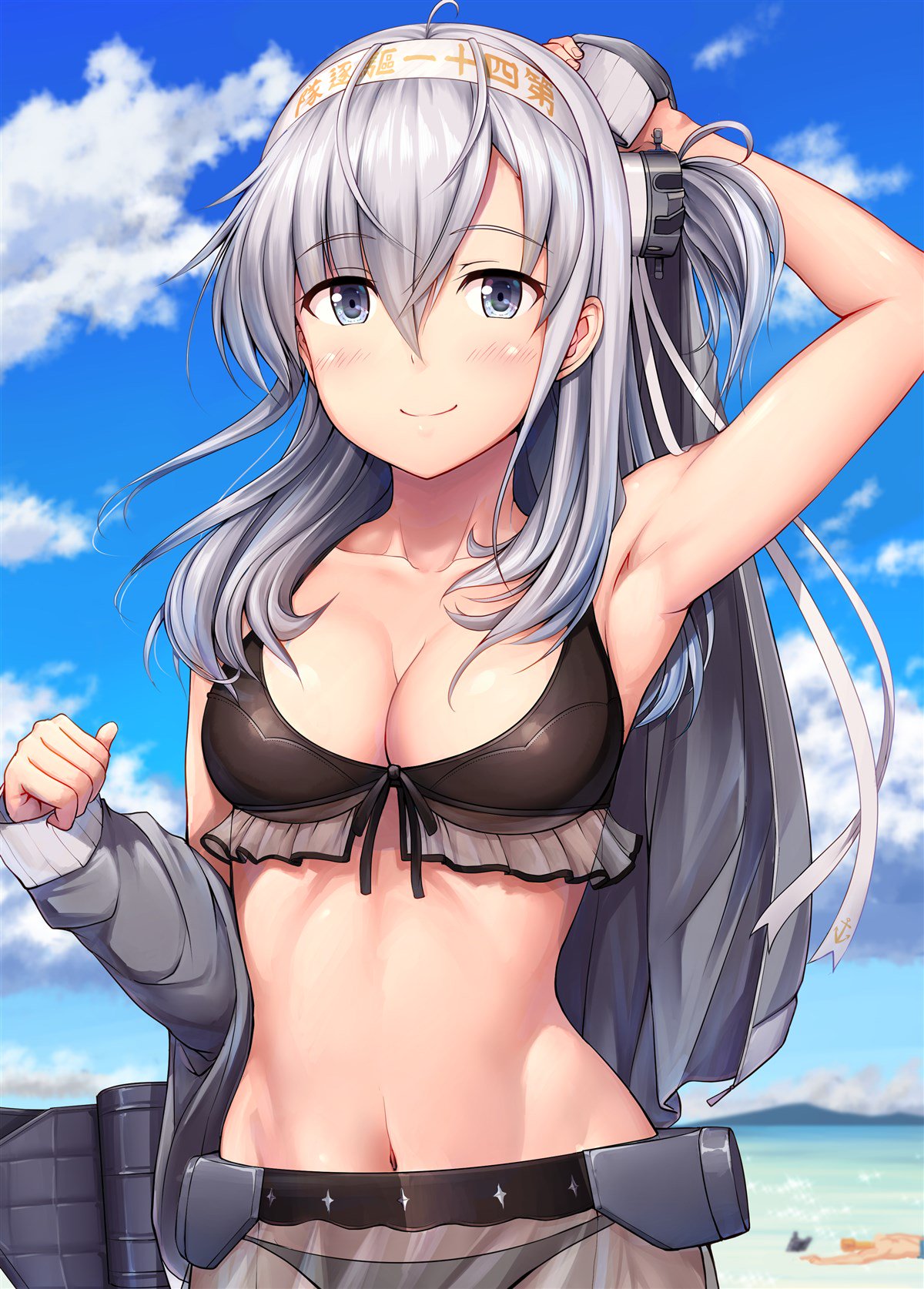 1boy 1girl admiral_(kantai_collection) armpits bangs bare_shoulders beach bikini black_bikini blue_sky blurry blurry_background blush breasts character_name cleavage closed_mouth clothes_writing clouds collarbone day eyebrows_visible_through_hair front-tie_bikini front-tie_top grey_jacket groin hachimaki hair_between_eyes hair_ornament hand_behind_head headband highres holding holding_jacket ichikawa_feesu jacket kantai_collection large_breasts long_hair looking_at_viewer machinery medium_breasts navel ocean one_side_up outdoors rigging see-through shiny shiny_skin sidelocks silver_hair sky smile star stomach suzutsuki_(kantai_collection) swimsuit t-head_admiral upper_body white_headband