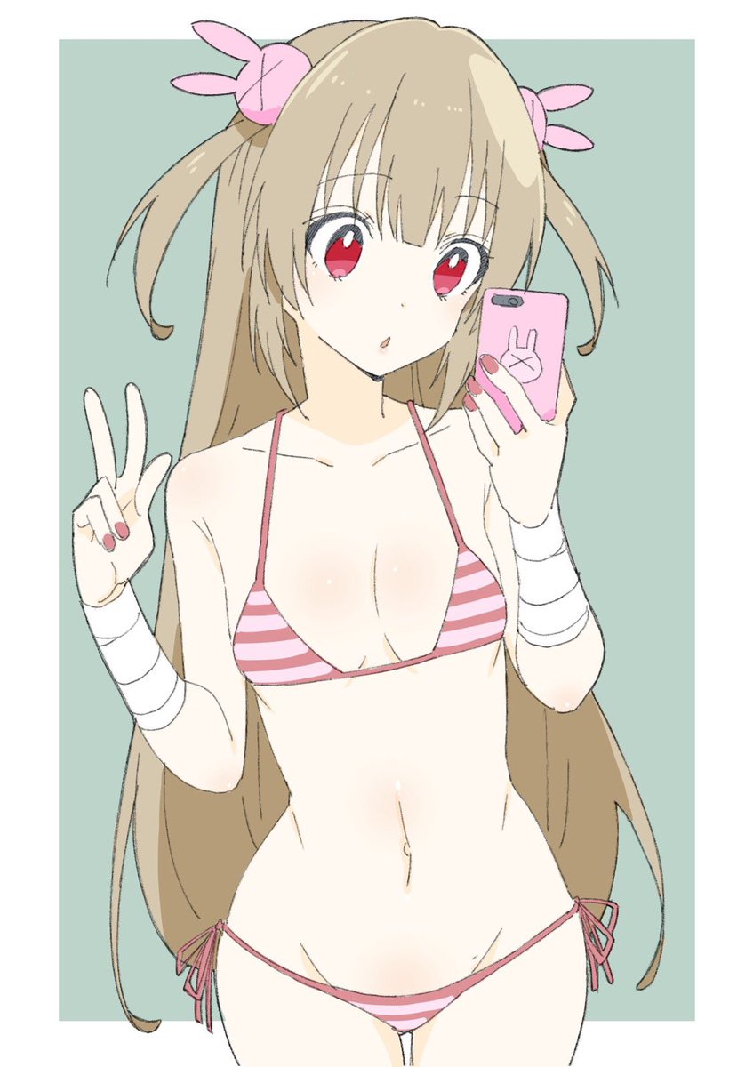 1girl :o ass_visible_through_thighs bandage bandaged_arm bandages bikini blonde_hair breasts bunny_hair_ornament cellphone collarbone cowboy_shot donguri_suzume eyebrows_visible_through_hair fingernails green_background groin hair_ornament hand_up highres holding holding_cellphone holding_phone long_hair nail_polish natori_sana navel parted_lips phone pink_bikini red_eyes red_nails sana_channel self_shot side-tie_bikini simple_background small_breasts smartphone solo striped striped_bikini swimsuit two_side_up very_long_hair w
