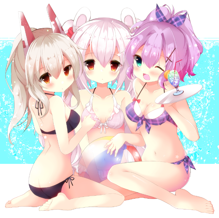 3girls ;d animal_ears ass ayanami_(azur_lane) azur_lane ball bangs bare_legs barefoot beachball bendy_straw bikini black_bikini blush breasts butt_crack cleavage closed_mouth collarbone commentary_request cup drink drinking_glass drinking_straw eyebrows_visible_through_hair front-tie_bikini front-tie_top fuuna_thise green_eyes hair_between_eyes hair_ribbon headgear holding holding_tray javelin_(azur_lane) laffey_(azur_lane) light_brown_hair long_hair looking_at_viewer looking_to_the_side medium_breasts multiple_girls navel one_eye_closed open_mouth pink_bikini plaid plaid_bikini plaid_ribbon ponytail purple_bikini purple_hair purple_ribbon rabbit_ears red_eyes ribbon side-tie_bikini silver_hair sitting small_breasts smile swimsuit transparent tray twintails very_long_hair wariza
