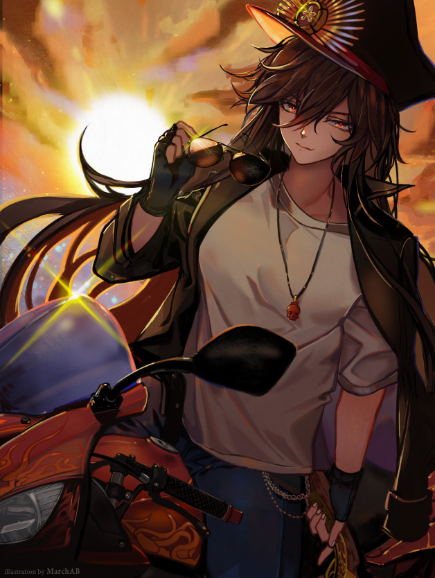 1girl bangs black_gloves breasts brown_hair clouds cloudy_sky denim eyewear_removed fate/grand_order fate_(series) fingerless_gloves gloves ground_vehicle hair_between_eyes hat holding holding_eyewear jacket jeans jewelry lens_flare long_hair long_sleeves looking_at_viewer marchab_66 military_hat motor_vehicle motorcycle necklace oda_nobunaga_(fate) open_clothes open_jacket pants peaked_cap pendant red_eyes shirt short_sleeves signature sitting skull_necklace sky solo sun sunglasses sunset wavy_hair white_shirt