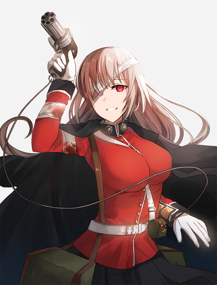 1girl arm_up bandage_over_one_eye bangs belt_buckle black_jacket black_skirt breasts buckle chihuri commentary_request eyebrows_visible_through_hair fate/grand_order fate_(series) florence_nightingale_(fate/grand_order) gloves grey_background gun hair_between_eyes holding holding_gun holding_weapon jacket jacket_on_shoulders large_breasts light_brown_hair long_hair long_sleeves looking_at_viewer parted_lips pleated_skirt red_eyes red_jacket simple_background skirt smile solo weapon weapon_request white_belt white_gloves