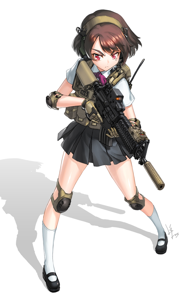 1girl artist_name assault_rifle bangs black_footwear black_skirt bow bowtie brown_gloves brown_hair closed_mouth commentary_request dress_shirt ear_protection elbow_pads frown full_body gloves gun headphones headset holding holding_gun holding_weapon knee_pads kws load_bearing_vest m4_carbine mary_janes miniskirt original pleated_skirt purple_neckwear red_eyes rifle school_uniform scope shadow shirt shoes short_hair short_sleeves signature simple_background skirt socks solo standing tactical_clothes v-shaped_eyebrows weapon white_background white_legwear white_shirt