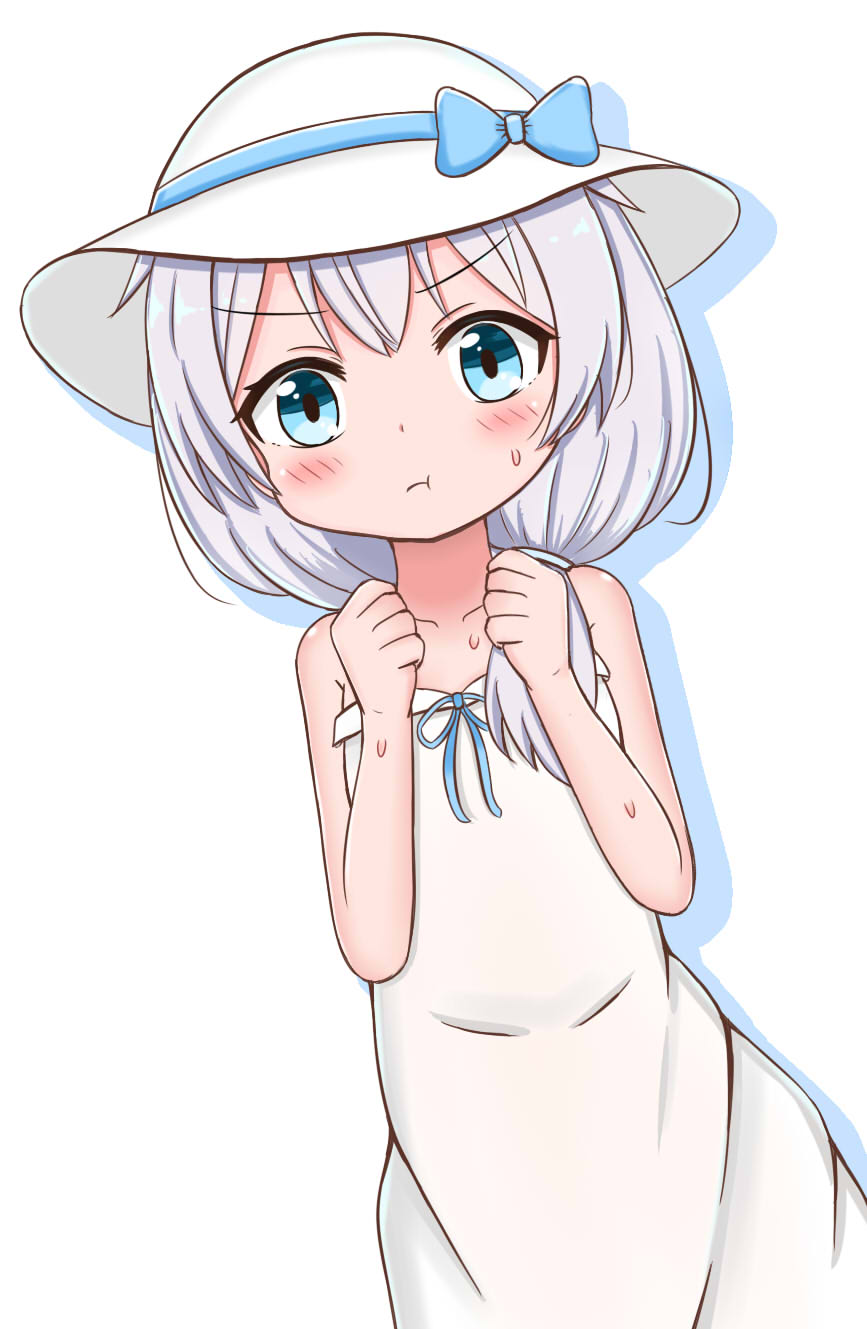 1girl :t bangs benghuai_xueyuan blue_bow blue_ribbon blush bow closed_mouth collarbone commentary_request dress dutch_angle eyebrows_visible_through_hair hair_between_eyes hair_over_shoulder hands_up hat hat_bow highres honkai_impact jiu_(sdesd3205) long_hair pout ribbon silver_hair sleeveless sleeveless_dress solo sun_hat sweat theresa_apocalypse v-shaped_eyebrows white_background white_dress white_hat