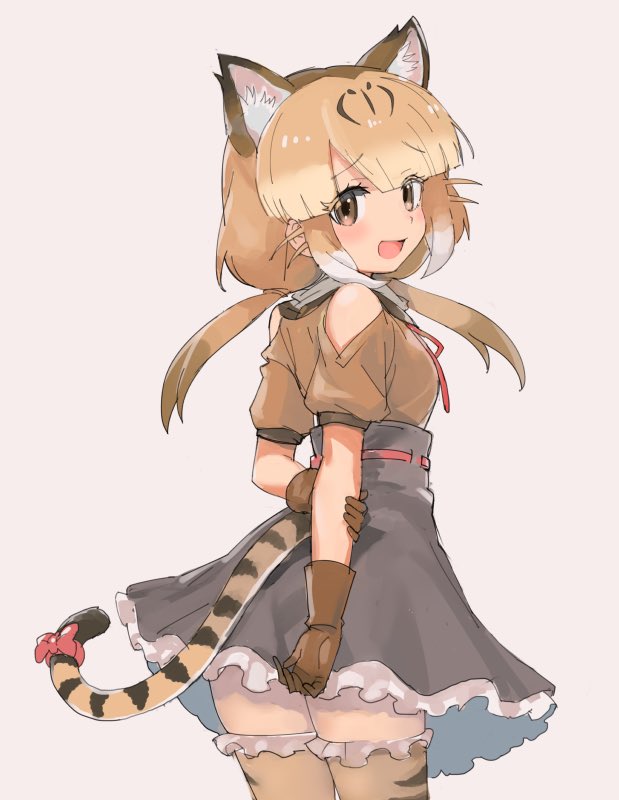 1girl :d animal_ear_fluff animal_ears animal_print arm_grab arms_behind_back bangs bare_shoulders beige_legwear blunt_bangs bow brown_eyes brown_gloves brown_hair brown_legwear brown_shirt cat_ears cat_girl cat_tail cowboy_shot extra_ears eyebrows_visible_through_hair eyelashes eyes_visible_through_hair floating_hair frilled_legwear frilled_skirt frills from_behind furrowed_eyebrows gloves grey_skirt hand_on_own_arm high-waist_skirt holding_arm jpeg_artifacts jungle_cat_(kemono_friends) kanemaru_(knmr_fd) kemono_friends lavender_background light_brown_hair long_hair looking_at_viewer looking_back low_twintails multicolored_hair neck_ribbon official_art open_mouth print_legwear protected_link puffy_short_sleeves puffy_sleeves red_bow red_ribbon ribbon shirt short_sleeves shoulder_cutout sidelocks simple_background skirt smile solo striped_tail tail tail_bow tareme thigh-highs twintails whiskers white_hair zettai_ryouiki