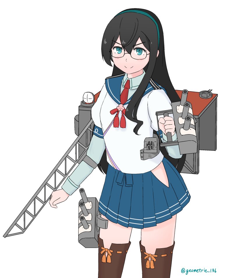 &gt;:) 1girl :&gt; aircraft_catapult black_hair blue_sailor_collar blue_skirt brown_legwear cowboy_shot geometrie green_eyes green_hairband hairband hip_vent kantai_collection long_hair looking_at_viewer machinery necktie ooyodo_(kantai_collection) pleated_skirt radio_antenna red_neckwear sailor_collar school_uniform semi-rimless_eyewear serafuku skirt solo standing thigh-highs under-rim_eyewear