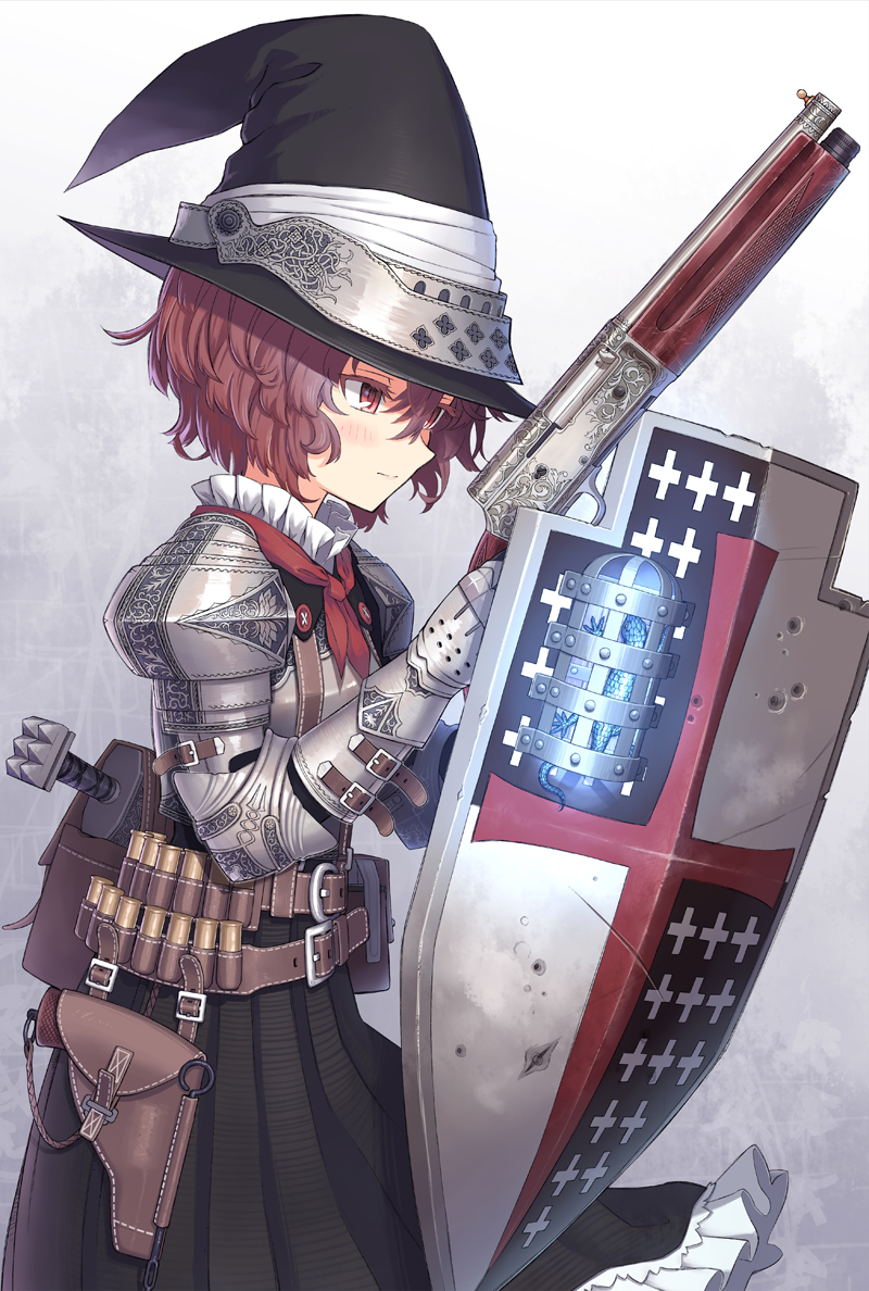 1girl armor belt belt_pouch black_hat black_skirt brown_eyes brown_hair cartridge commentary_request frilled_skirt frills from_side gun hair_between_eyes hat holster holstered_weapon lizard original pleated_skirt pouch samaru_(seiga) shell shield short_hair shotgun skirt solo weapon witch witch_hat