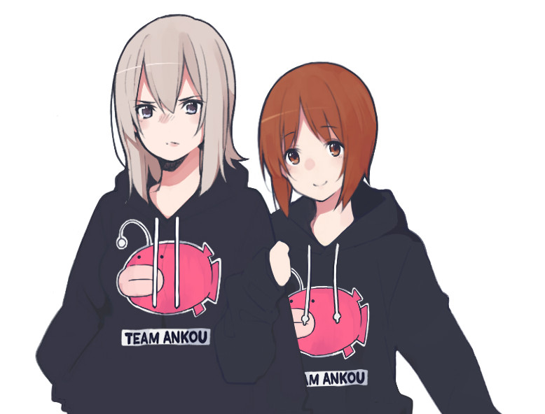 2girls akagawa007 anglerfish arm_grab bangs black_shirt blue_eyes brown_eyes brown_hair casual closed_mouth emblem english frown girls_und_panzer hand_in_pocket itsumi_erika long_sleeves looking_at_viewer multiple_girls nishizumi_miho shirt short_hair silver_hair smile sweatshirt upper_body