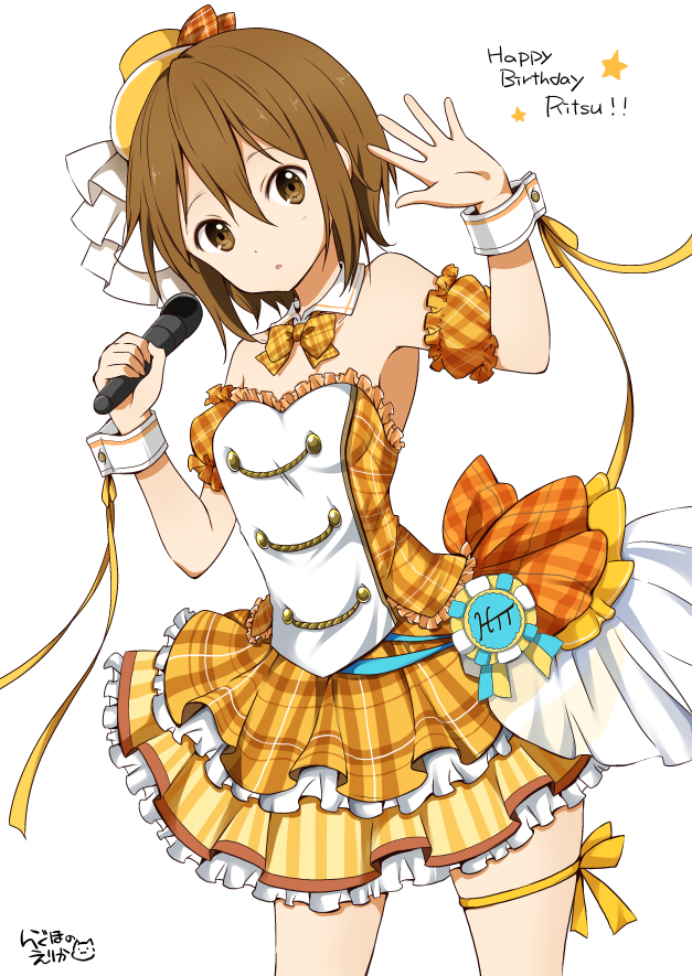 1girl bare_shoulders brown_eyes brown_hair dress frills happy_birthday hat k-on! looking_to_the_side microphone mini_hat ragho_no_erika ribbon short_hair solo star tainaka_ritsu thigh_strap white_background wrist_cuffs