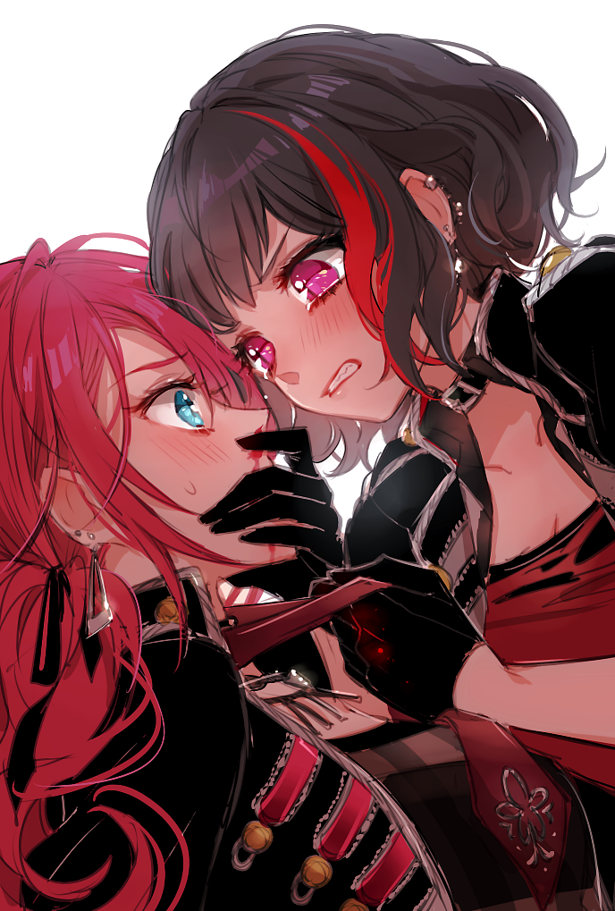 2girls bang_dream! black_gloves black_hair black_jacket blue_eyes blush breasts chino_machiko cleavage clenched_teeth covering_mouth ear_piercing earrings eye_contact from_side gloves hand_over_own_mouth jacket jewelry lipstick long_hair looking_at_another makeup mitake_ran multicolored_hair multiple_girls piercing pink_eyes red_lipstick red_shirt redhead shirt short_hair simple_background streaked_hair sweatdrop teeth udagawa_tomoe white_background wide-eyed yuri
