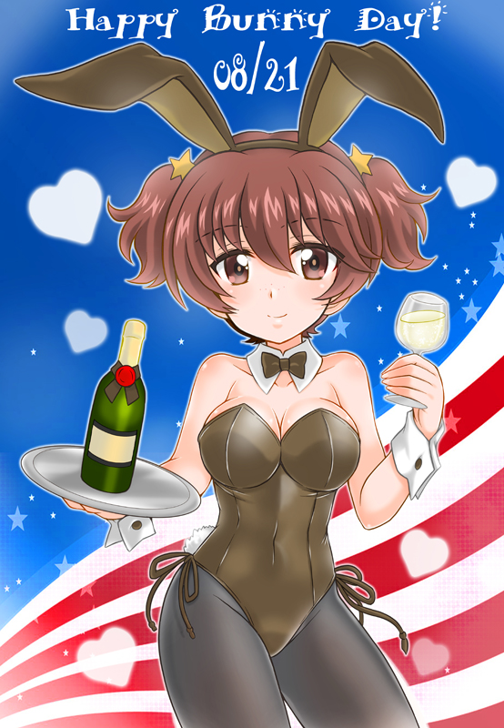 1girl alisa_(girls_und_panzer) american_flag animal_ears bangs black_legwear black_neckwear bottle bow bowtie breasts brown_eyes brown_hair brown_leotard bunny_girl bunny_tail bunnysuit burafu cleavage closed_mouth commentary_request covered_navel cowboy_shot cup dated drinking_glass english eyebrows_visible_through_hair fake_animal_ears fake_tail flag_background freckles girls_und_panzer hair_ornament heart holding leotard looking_at_viewer medium_breasts pantyhose rabbit_ears short_hair short_twintails side-tie_leotard smile solo sparkle standing star star_hair_ornament strapless strapless_leotard tail tray twintails white_collar wine_bottle wine_glass wing_collar wrist_cuffs