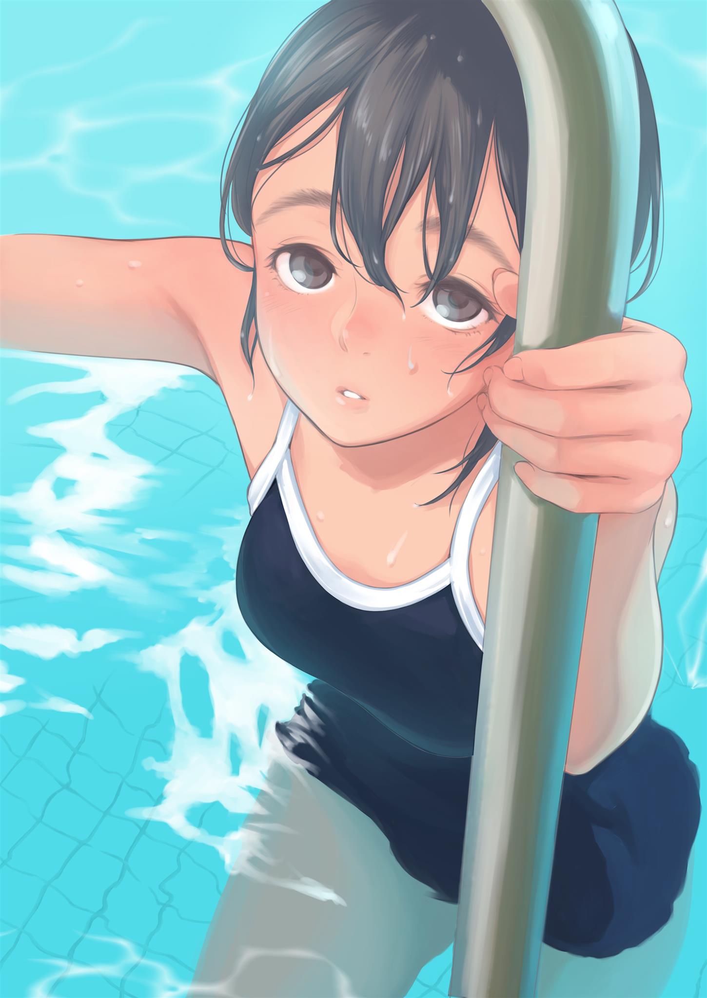 1girl armpits arms_up black_hair brown_eyes climbing climbing_ladder from_above highres kamo_(gafas) ladder looking_up one-piece_swimsuit original partially_submerged pool school_swimsuit short_hair solo swimsuit water wet wet_clothes wet_swimsuit