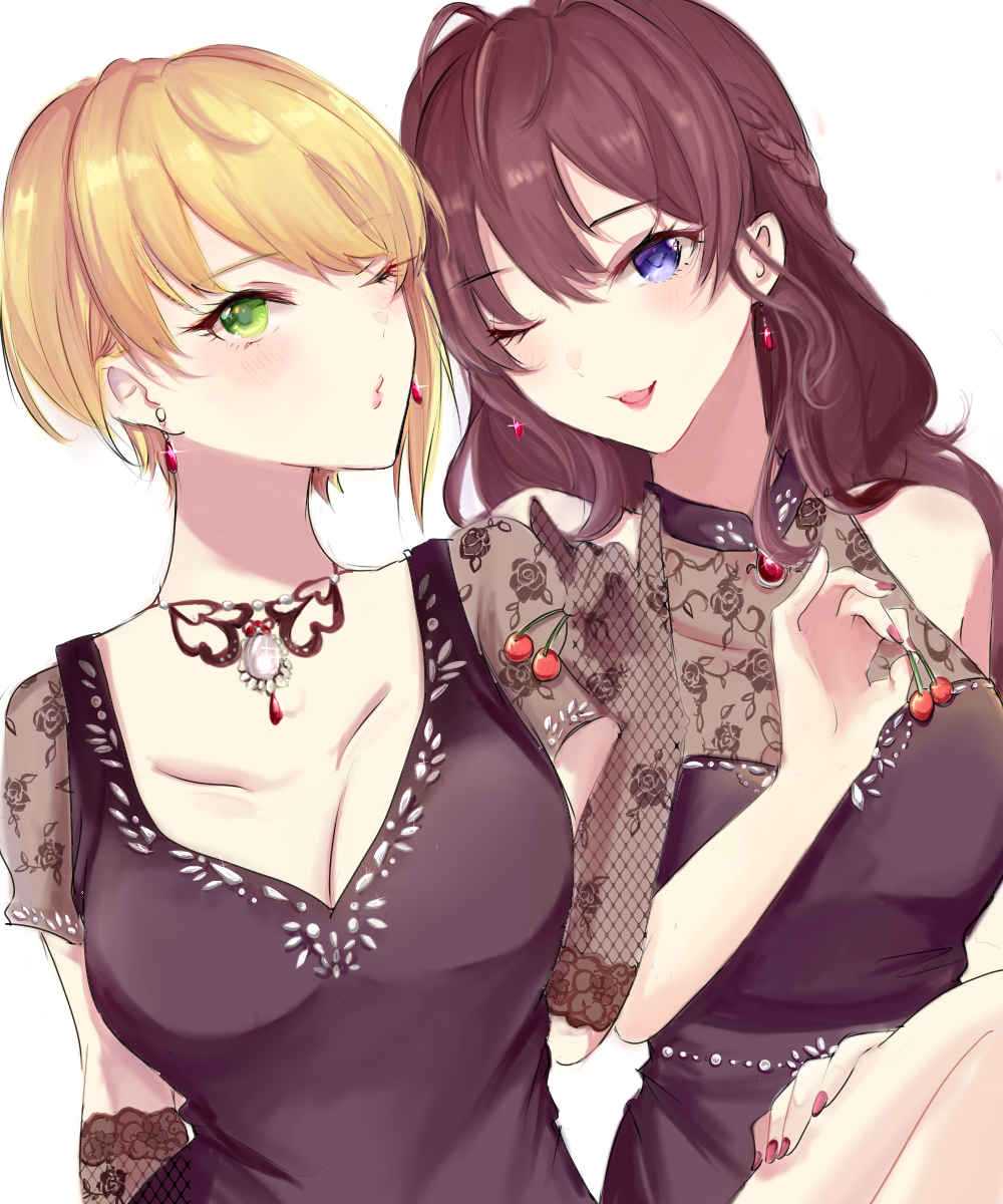 2girls :3 ahoge arm_behind_back arms_up asagimu_(tsuktsuk) bangs bare_shoulders black_gloves blonde_hair blue_eyes blush braid breasts brooch brown_hair cherry cleavage earrings elbow_gloves fingernails fishnet_gloves fishnets food fruit gem gloves hair_between_eyes hand_on_leg head_tilt highres holding holding_fruit ichinose_shiki idolmaster idolmaster_cinderella_girls jewelry lipstick long_hair looking_at_viewer makeup miyamoto_frederica multiple_girls nail_polish necklace one_eye_closed open_mouth parted_lips pearl purple_nails red_lipstick see-through short_hair short_sleeves single_braid smile sparkle thighs upper_body wavy_hair