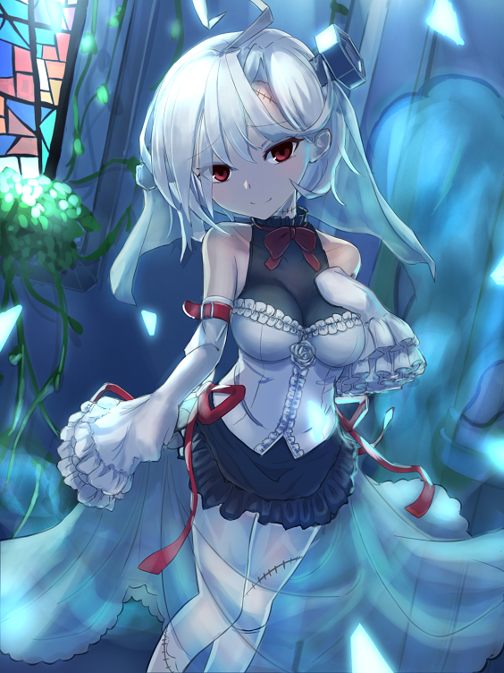 1girl ahoge azur_lane bangs bare_shoulders black_dress blush bolt breasts closed_mouth collarbone commentary_request covered_collarbone detached_sleeves dress eyebrows_visible_through_hair flower frilled_dress frilled_sleeves frills hair_between_eyes head_tilt indoors long_sleeves looking_at_viewer medium_breasts pantyhose red_eyes red_ribbon ribbon rose short_hair silver_hair sleeveless sleeveless_dress sleeves_past_fingers sleeves_past_wrists smile solo stained_glass stitches terror_(azur_lane) west_(vaem5527) white_flower white_legwear white_rose wide_sleeves