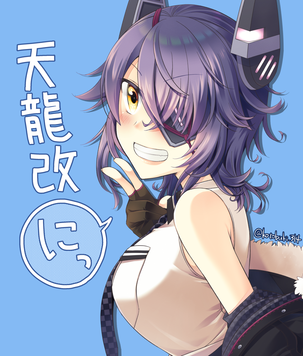 1girl black_gloves blue_background blush breasts brown_eyes checkered checkered_neckwear eyebrows_visible_through_hair eyepatch gloves kantai_collection kotobuki_(momoko_factory) large_breasts looking_at_viewer necktie parted_lips partly_fingerless_gloves purple_hair short_hair simple_background smile solo speech_bubble teeth tenryuu_(kantai_collection) translated twitter_username upper_body v