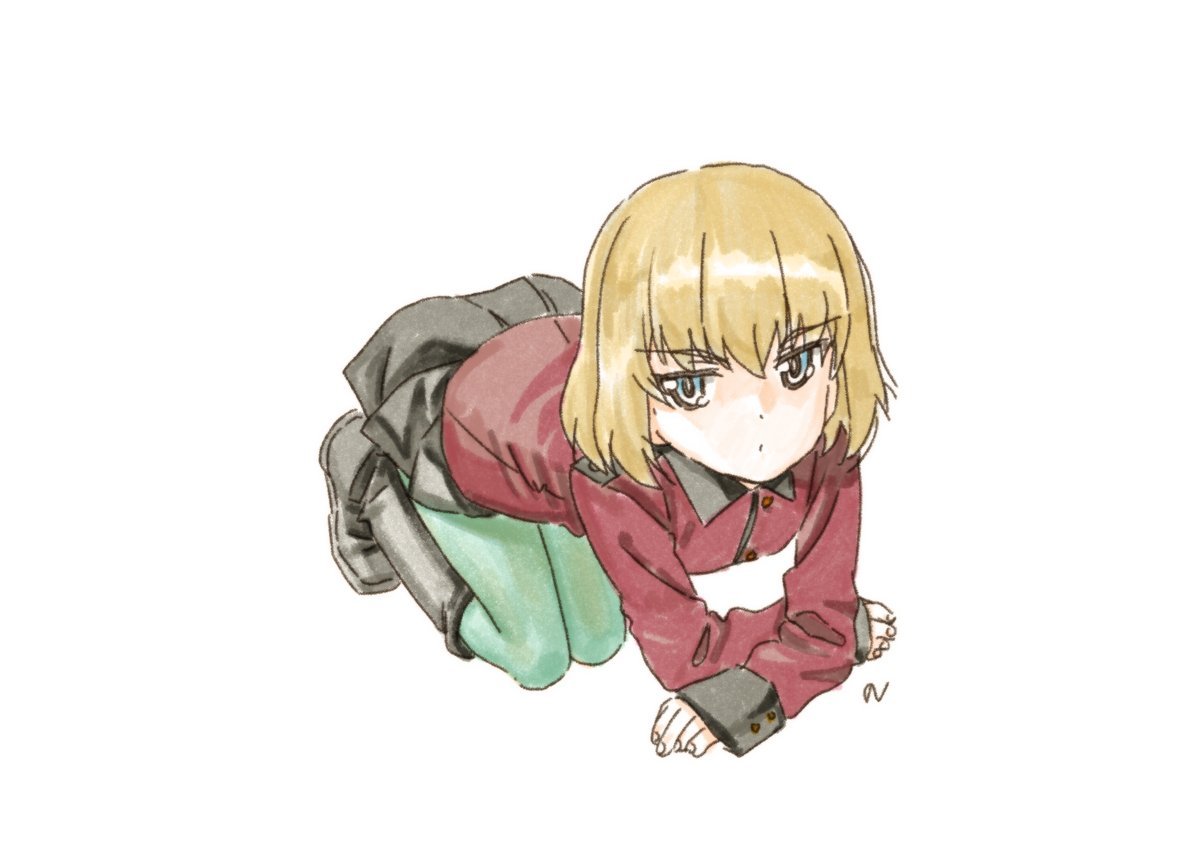 1girl all_fours alternate_costume arm_support artist_name bad_id bad_twitter_id bangs black_footwear black_skirt blonde_hair blue_eyes boots closed_eyes cwind epaulettes eyebrows_visible_through_hair frown full_body girls_und_panzer green_legwear jacket katyusha long_sleeves looking_at_viewer military military_uniform miniskirt pantyhose parted_lips pleated_skirt red_jacket short_hair signature simple_background skirt solo st._gloriana's_military_uniform uniform