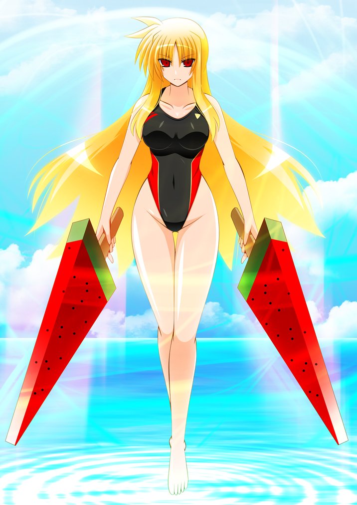 1girl angry barefoot black_swimsuit blonde_hair blue_sky breasts clouds collarbone competition_school_swimsuit day dual_wielding engo_(aquawatery) fate_testarossa floating food full_body highleg highleg_swimsuit holding large_breasts long_hair lyrical_nanoha magical_girl mahou_shoujo_lyrical_nanoha_strikers outdoors oversized_object popsicle red_eyes sky solo swimsuit thigh_gap water watermelon_bar