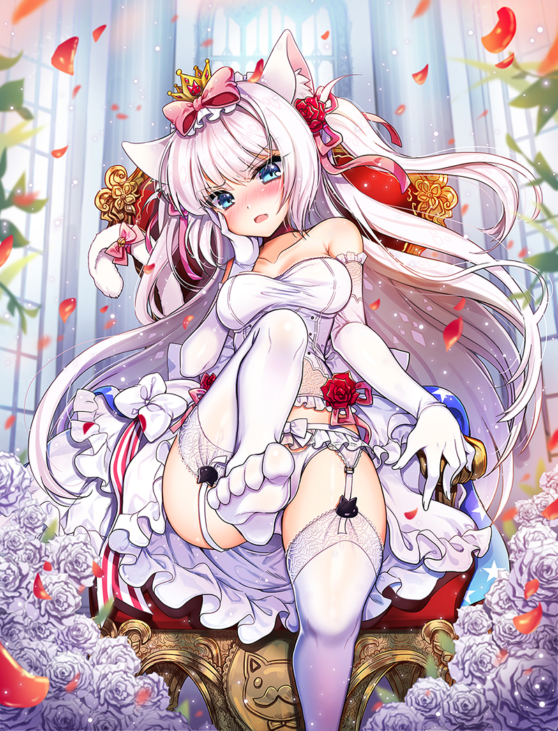 1girl american_flag american_flag_print animal_ears armchair azur_lane bangs bare_shoulders blue_eyes blush bow bow_panties breasts cat_ears cat_girl cat_tail chair commentary_request crown dress elbow_gloves eyebrows_visible_through_hair fang feet flag_print flower garter_belt gloves hair_between_eyes hair_bow hair_flower hair_ornament hair_ribbon hammann_(azur_lane) hand_on_own_cheek head_tilt kemonomimi_mode leg_up looking_at_viewer medium_breasts mini_crown no_shoes open_mouth panties pink_ribbon ratise red_bow red_flower red_rose ribbon rose silver_hair sitting soles solo strapless strapless_dress tail tail_raised thigh-highs two_side_up underwear white_bow white_dress white_flower white_gloves white_legwear white_panties white_rose