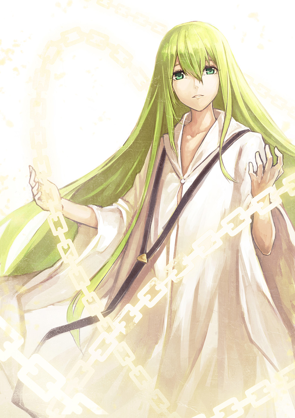 1boy a-er_(akkij0358) bangs chains commentary_request enkidu_(fate/strange_fake) fate/strange_fake fate_(series) green_eyes green_hair hair_between_eyes hands_up highres long_hair long_sleeves looking_at_viewer male_focus panties solo standing underwear very_long_hair white white_robe wide_sleeves