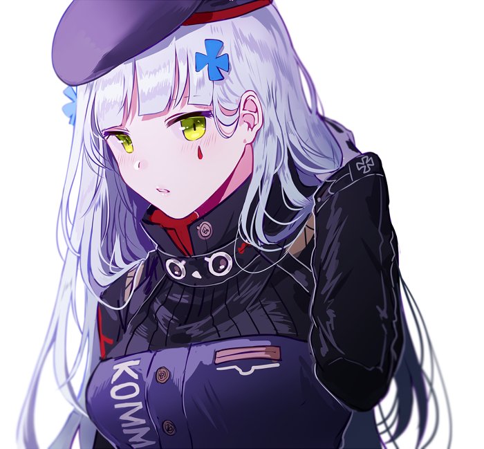 1girl adjusting_hair bangs beret blunt_bangs blush breasts clothes_writing eyebrows_visible_through_hair facial_mark girls_frontline gloves green_eyes hair_ornament hat hk416_(girls_frontline) iron_cross jacket long_hair looking_at_viewer medium_breasts parted_lips sidelocks silence_girl silver_hair simple_background solo teardrop upper_body very_long_hair white_background