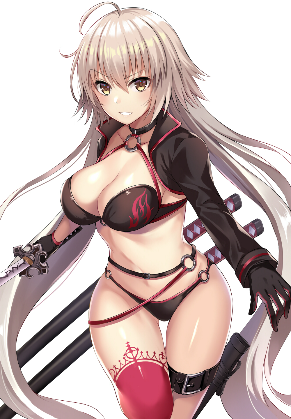 1girl ahoge bangs bikini black_bikini black_jacket blush breasts choker cleavage collarbone cropped_jacket eyebrows_visible_through_hair fate/grand_order fate_(series) gloves groin hair_between_eyes harimoji highres holding holding_sword holding_weapon jacket jeanne_d'arc_(alter_swimsuit_berserker) jeanne_d'arc_(fate)_(all) katana large_breasts long_hair looking_at_viewer messy_hair multiple_swords navel o-ring o-ring_bikini parted_lips red_legwear sheath sidelocks simple_background single_thighhigh smirk solo stomach swimsuit sword thigh-highs thigh_strap very_long_hair weapon white_background yellow_eyes
