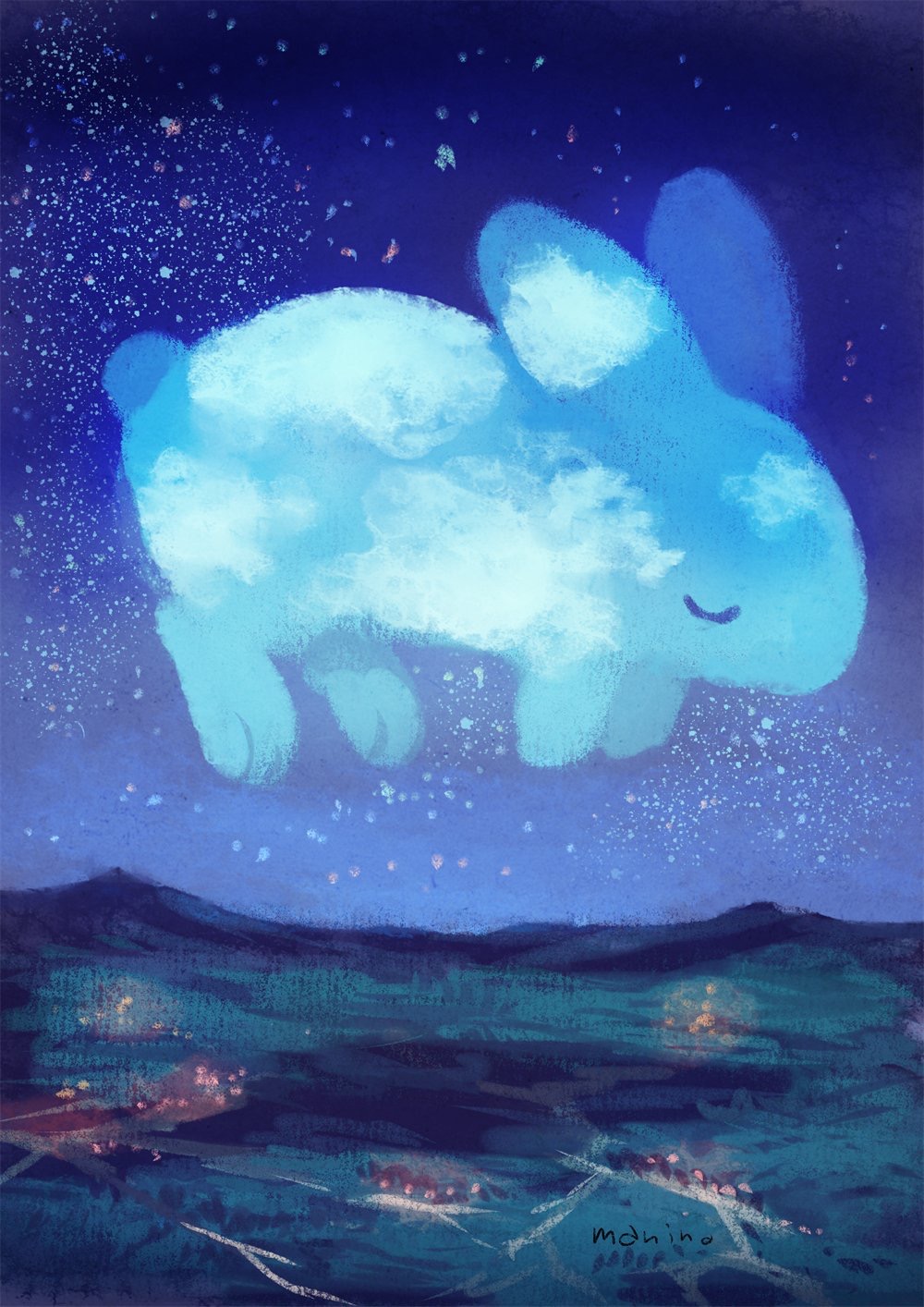 blue_sky closed_eyes commentary_request highres manino_(mofuritaionaka) night night_sky original rabbit scenery signature sky sleeping star_(sky) starry_sky