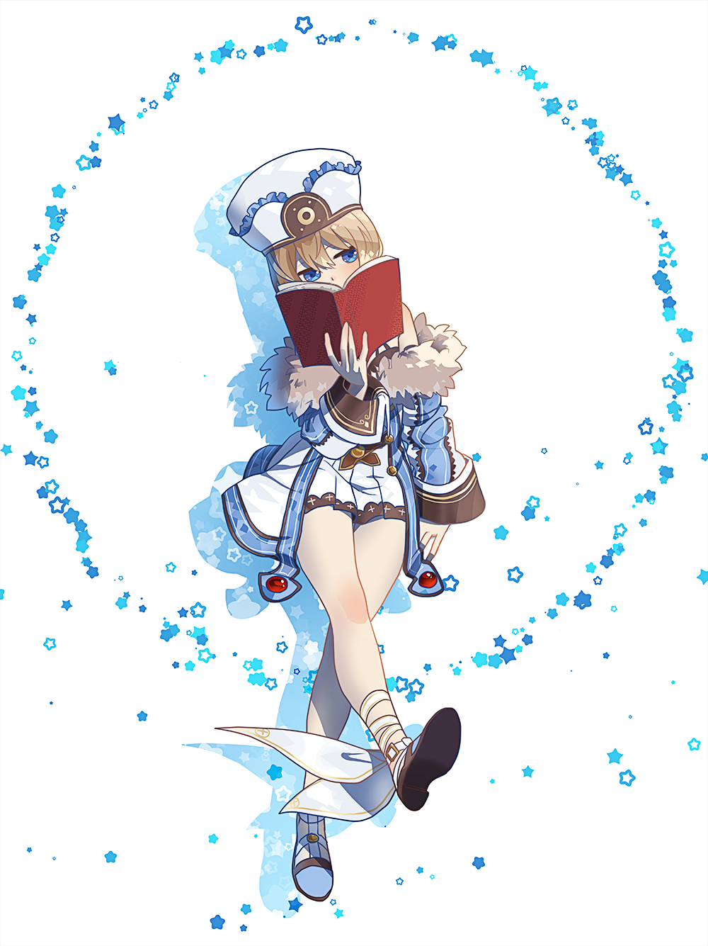 1girl bare_legs bare_shoulders blanc blush book coat dress facing_viewer full_body hair_between_eyes hat highres holding holding_book long_sleeves neptune_(series) reading short_hair solo star starry_background walking white_dress